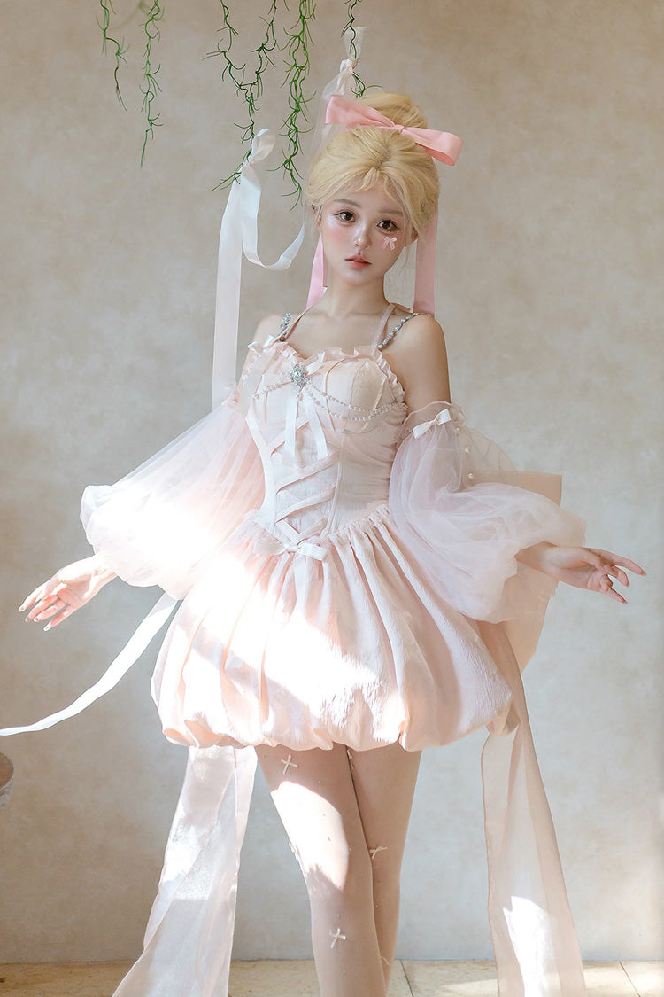 Pink [The Runaway Princess] Sleeveless Ruffle Bowknot Lace-Up Sweet Lolita Jsk Tulip Dress Set - Product - 6