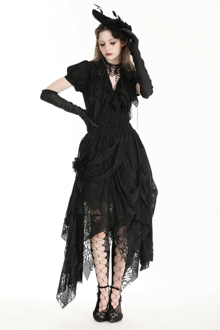 Black Women's Gothic Lace Irregular Distressed Hanky‑Hem Skirt - Black - 1