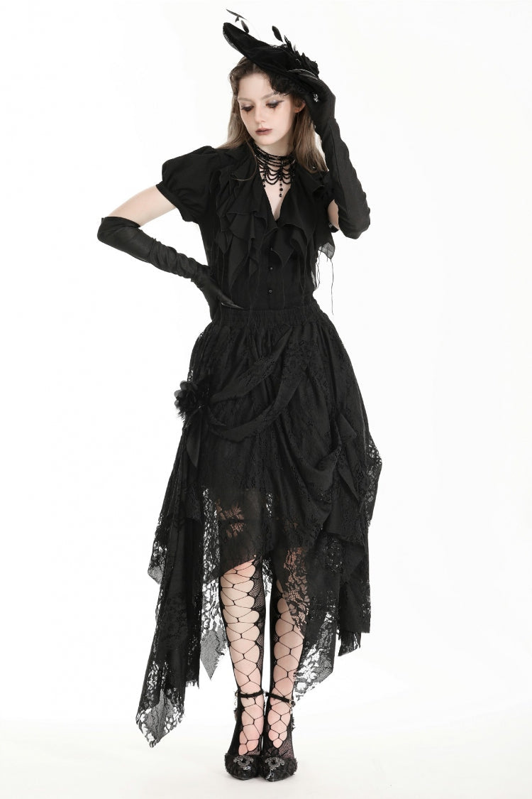 Black Women's Gothic Lace Irregular Distressed Hanky‑Hem Skirt - Black - 1