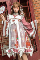 Dark Red Cat Print Chinese Style Bowknot Ruffled High Waisted Long Trumpet Sleeves Sweet Lolita OP Dress - Product - 3