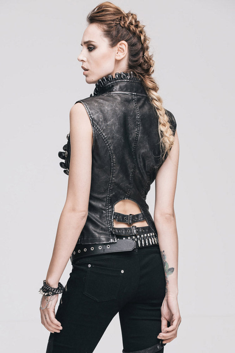 Black/Silver Big Opening Chest Wave Collar Hand Rubbed Leather Women's Punk Vest - Product - 7