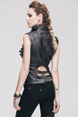 Black/Silver Big Opening Chest Wave Collar Hand Rubbed Leather Women's Punk Vest - Product - 7