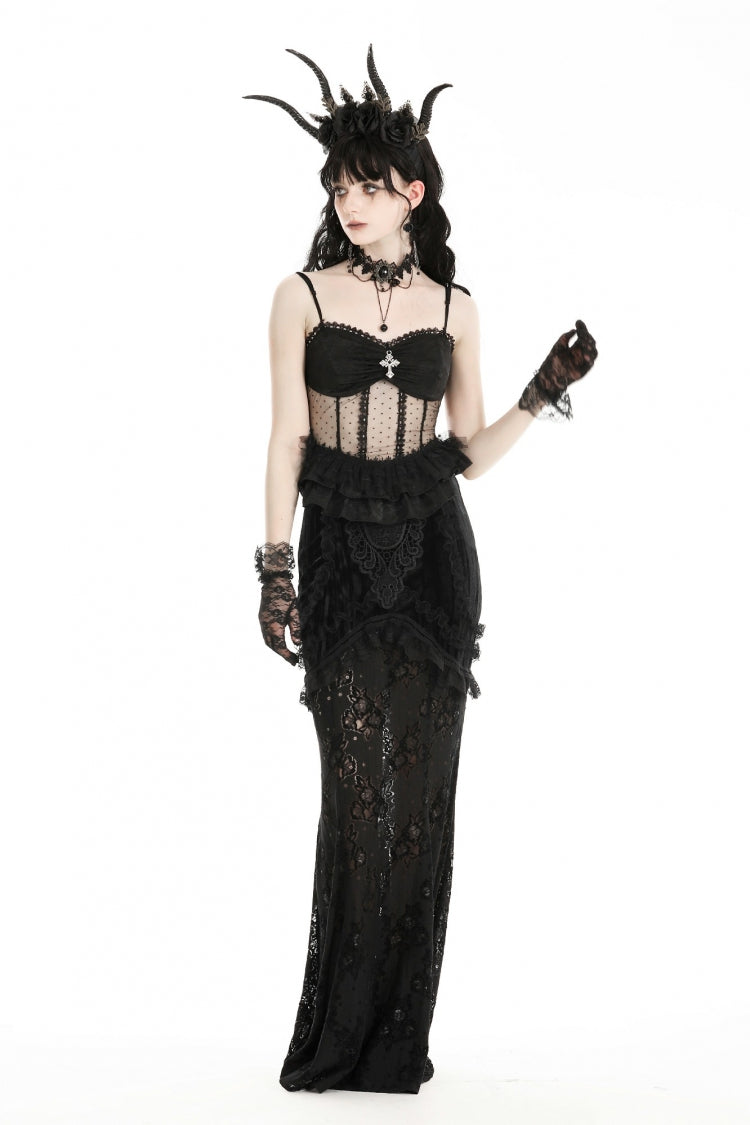 Black Spaghetti Straps Sheer Double-Layered Ruffled Lace Women's Gothic Top - Product - 9