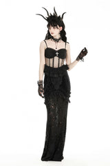Black Spaghetti Straps Sheer Double-Layered Ruffled Lace Women's Gothic Top - Product - 9
