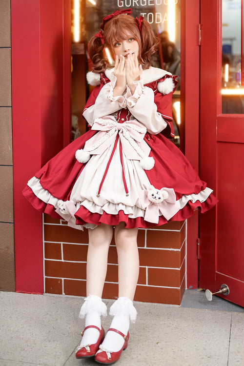 Red Round Collar Ruffled Long Lantern Sleeves Sweet Lolita OP Dress - Product - 2