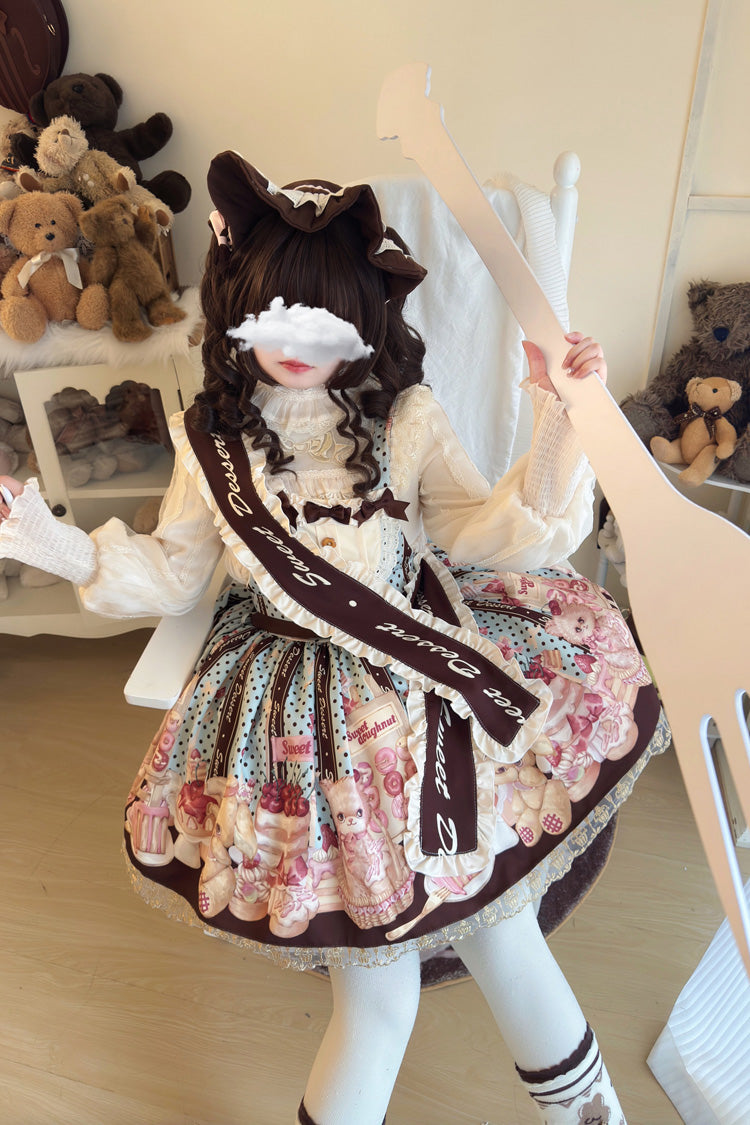 Multi-Color [Cat Chocolate Patisserie] Sleeveless Printed Ruffled Bow Lace Sweet Lolita Strap Dress - Product - 6