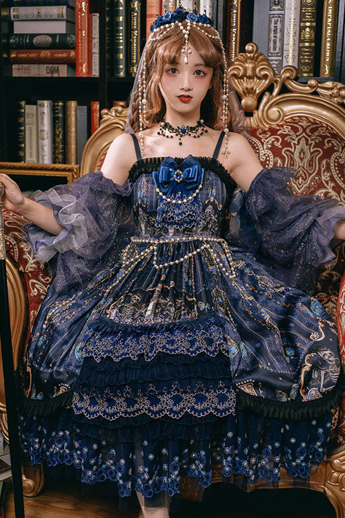 Blue Skull Print Hanayome Bowknot Pearl Chain Multi-Layer Ruffled Gothic Lolita JSK Tiered Dress - Product - 3