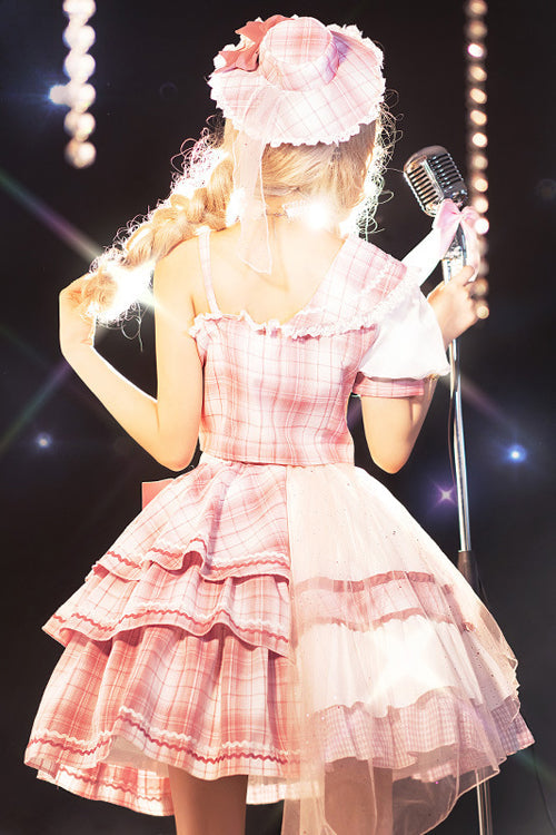 Pink Chest Bowknot One Shoulder Sleeves Plaid Print Suit Sweet Lolita Dress - Product - 5