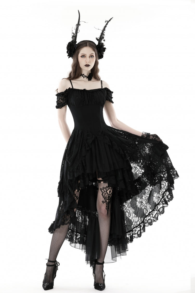 Black Boat Neck Off Shoulder Short Puff Sleeves Ruffled Lace Lace-Up Irregular Women's Gothic Dovetail Dress - Product - 6