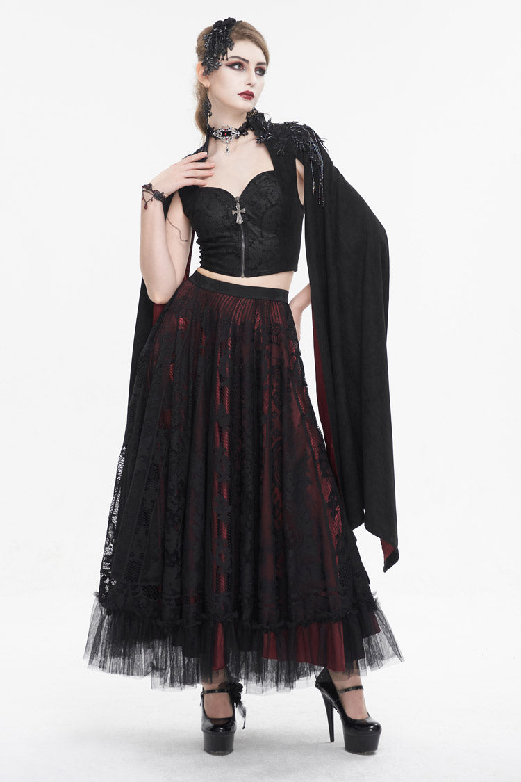 Black Stand Collar Floral Embroidered Women's Gothic Shirt Cloak - Product - 4