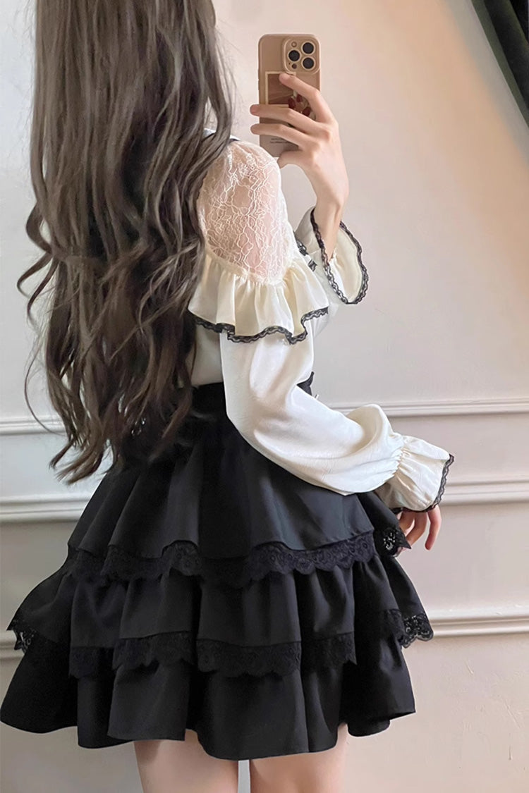 Black/White Sailor Collar Multi-Layered Ruffle Bowknot Jirai Kei Skirt Set - Product - 4