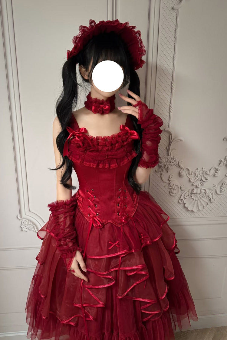 Red [The Summer Waves Sparkle] Square Collar Sleeveless Multi-Layered Ruffled Bow Lace-Up Slim Classic Lolita Skirt Set - Product - 8
