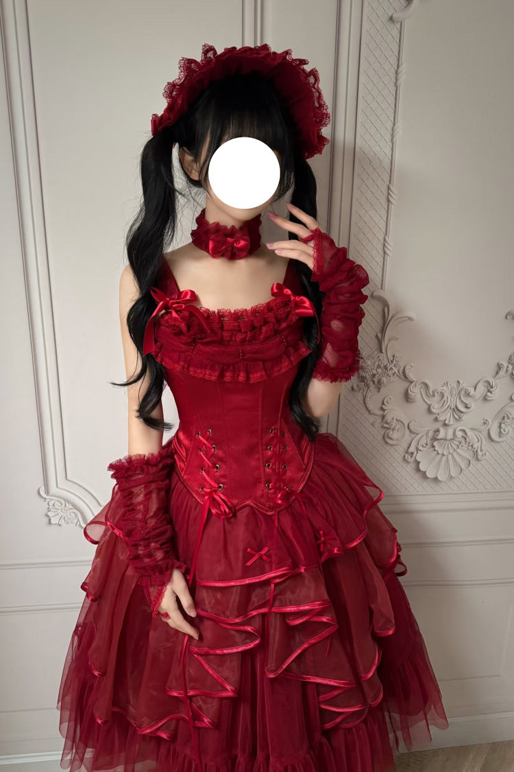 Red [The Summer Waves Sparkle] Square Collar Sleeveless Multi-Layered Ruffled Bow Lace-Up Slim Classic Lolita Skirt Set - Product - 8