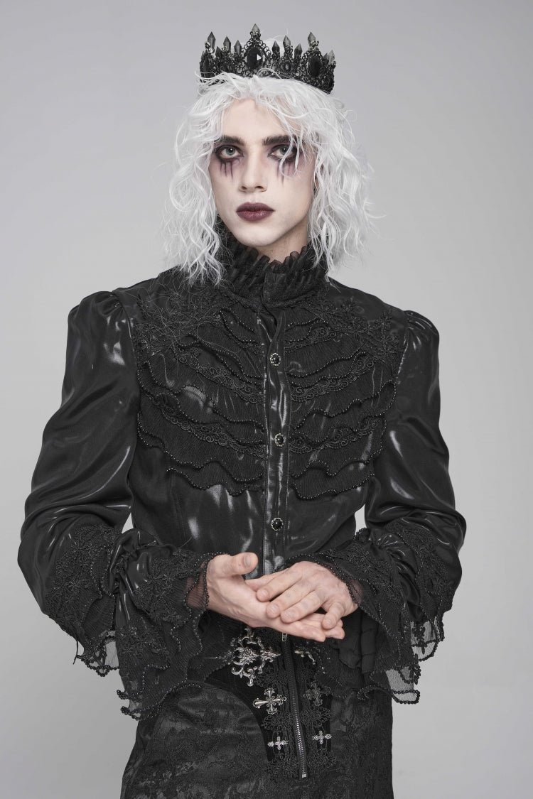 Black Stand Collar Long Puff Sleeves Embroidery Stitching Lace Men's Gothic Blouse - Black - 1
