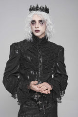Black Stand Collar Long Puff Sleeves Embroidery Stitching Lace Men's Gothic Blouse - Black - 1