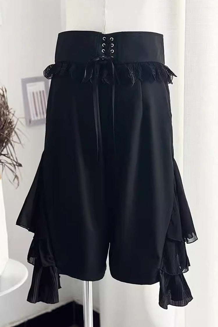 Black [Eternal City] Long Sleeves Lace Gothic Prince Medieval Ouji Lolita Blouse Knee-Length Shorts Set - Product - 14