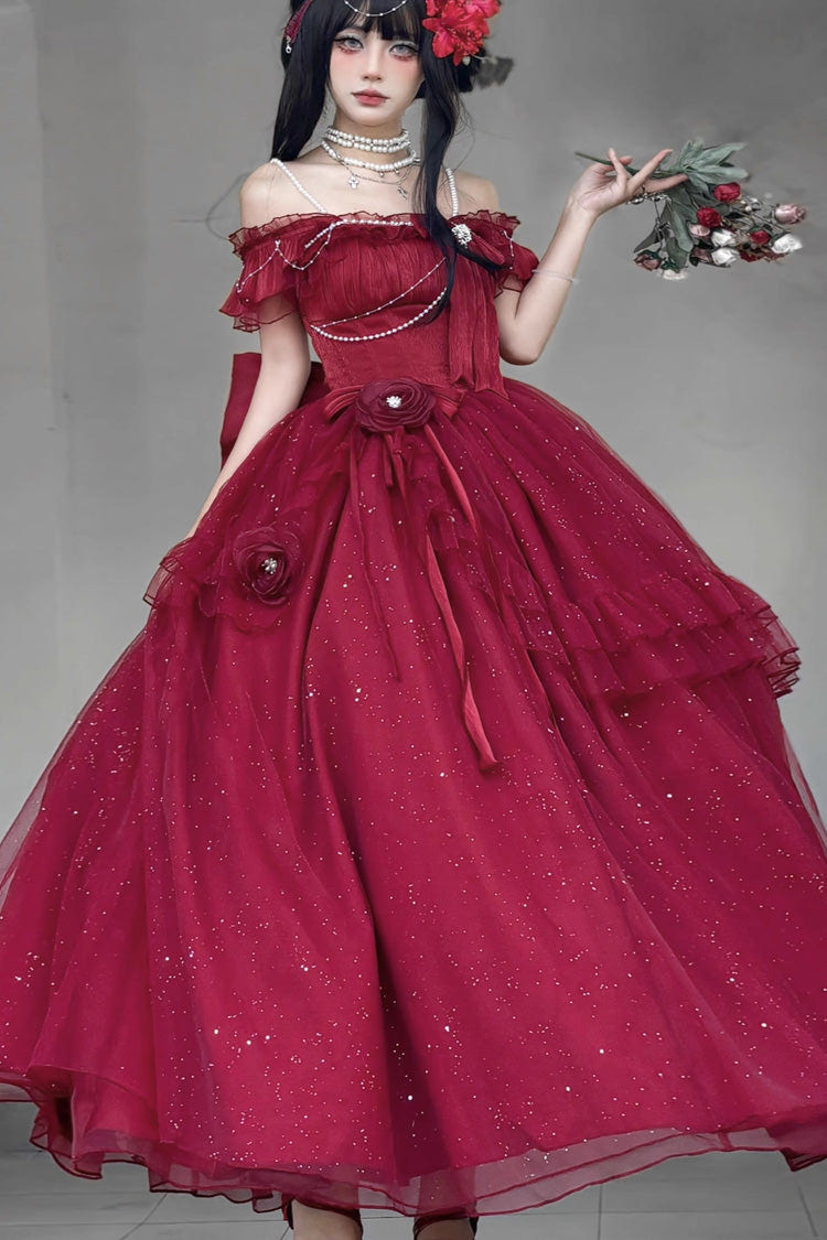 Red [Bright Stars] Off Shoulder Ruffle Bowknot Asymmetric Sweet Elegant Princess Lolita Dress - Red - 1