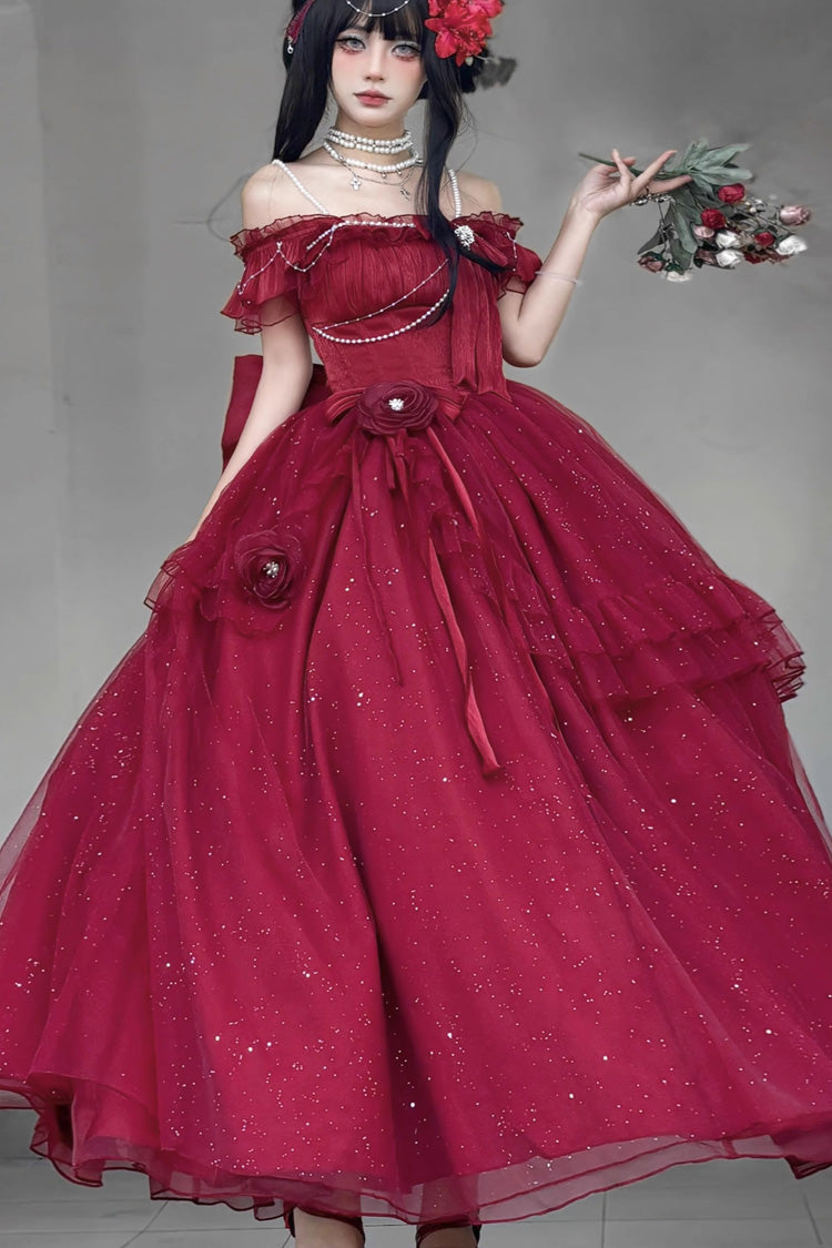 Red [Bright Stars] Off Shoulder Ruffle Bowknot Asymmetric Sweet Elegant Princess Lolita Dress - Red - 1