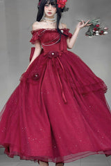 Red [Bright Stars] Off Shoulder Ruffle Bowknot Asymmetric Sweet Elegant Princess Lolita Dress - Red - 1