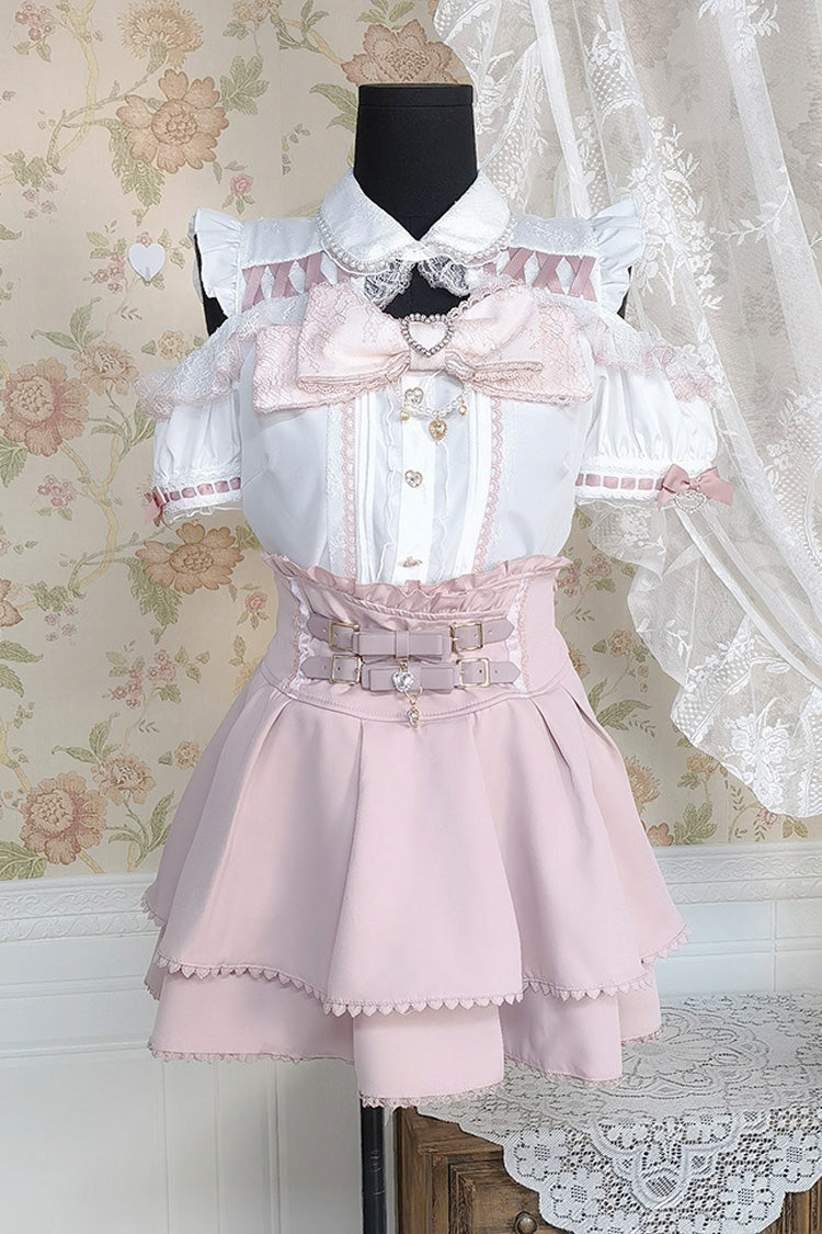White/Pink Lapel Collar Short Sleeves Double-Layered Ruffle Bowknot Sweet Jirai Kei Set - White/Pink - 1