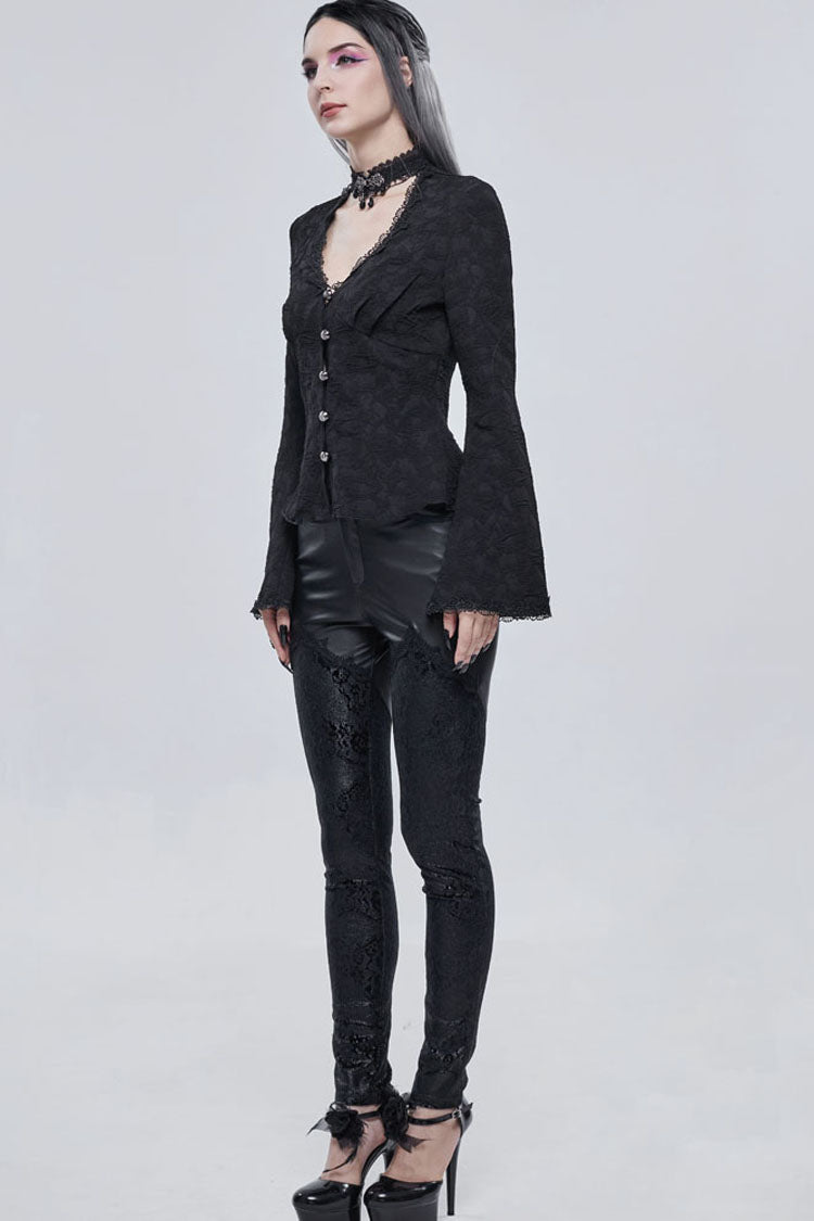 Black Gothic Metal Rose Button Leather Lace Panel Slim Fit Women's Long Pants - Product - 7