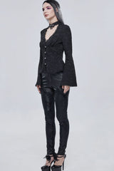 Black Gothic Metal Rose Button Leather Lace Panel Slim Fit Women's Long Pants - Product - 7