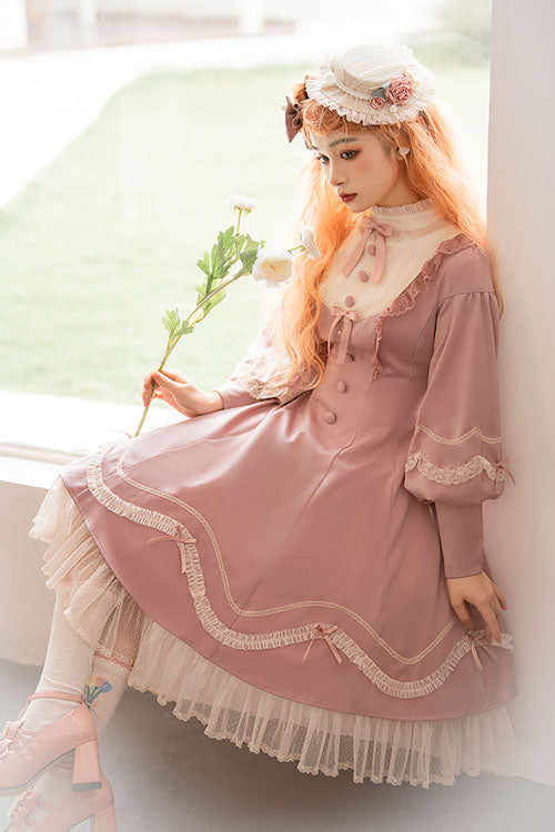 Alice Girl Andrea Solid Bowknot Long Sleeves Ruffled Sweet Lolita OP Dress 3 Colors - Product - 4