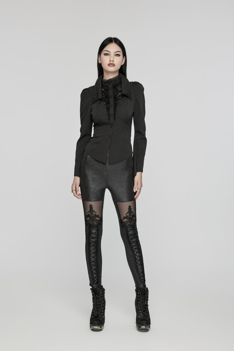 Black Long Puff Sleeves Stitching Lace Women's Gothic Blouse - Product - 8