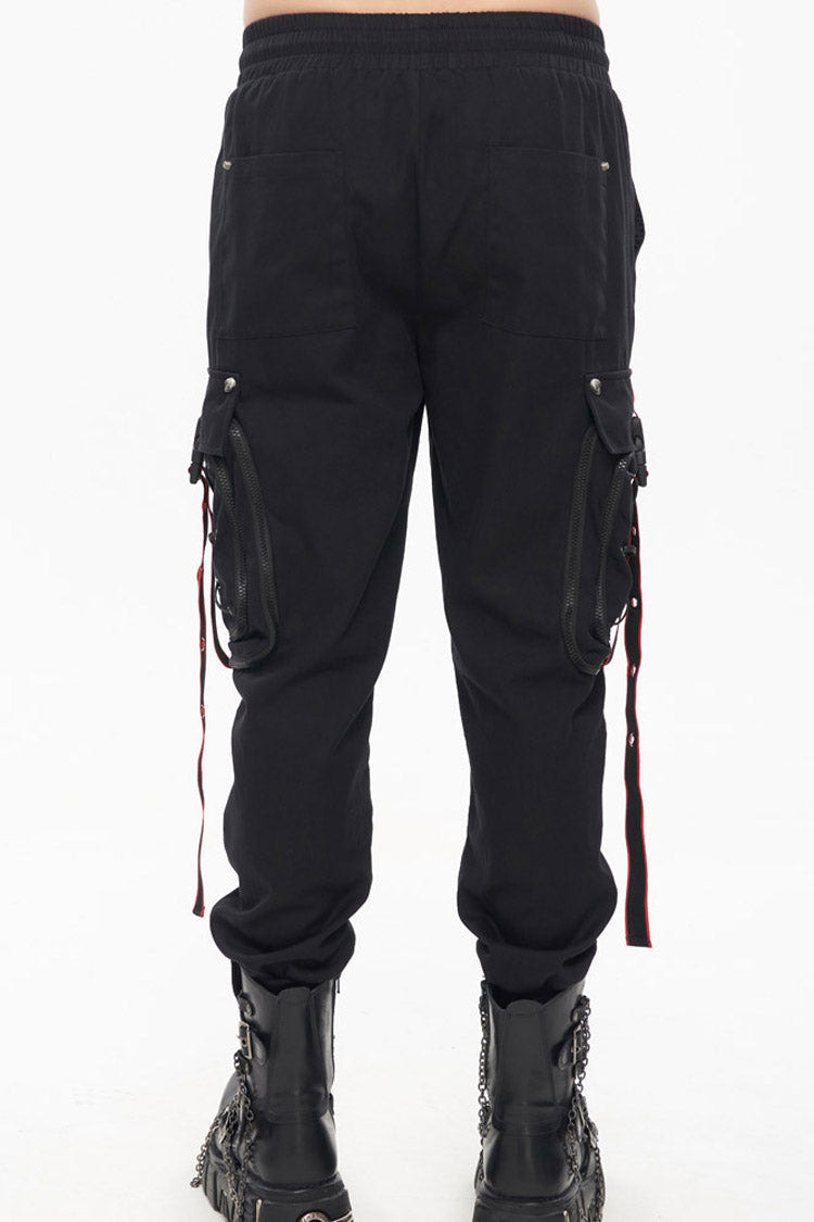 Black Punk Multi Pocket Webbing Decorative Drawstring Men's Long Pants - Product - 3