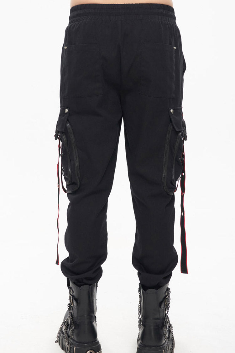Black Punk Multi Pocket Webbing Decorative Drawstring Men's Long Pants - Product - 3