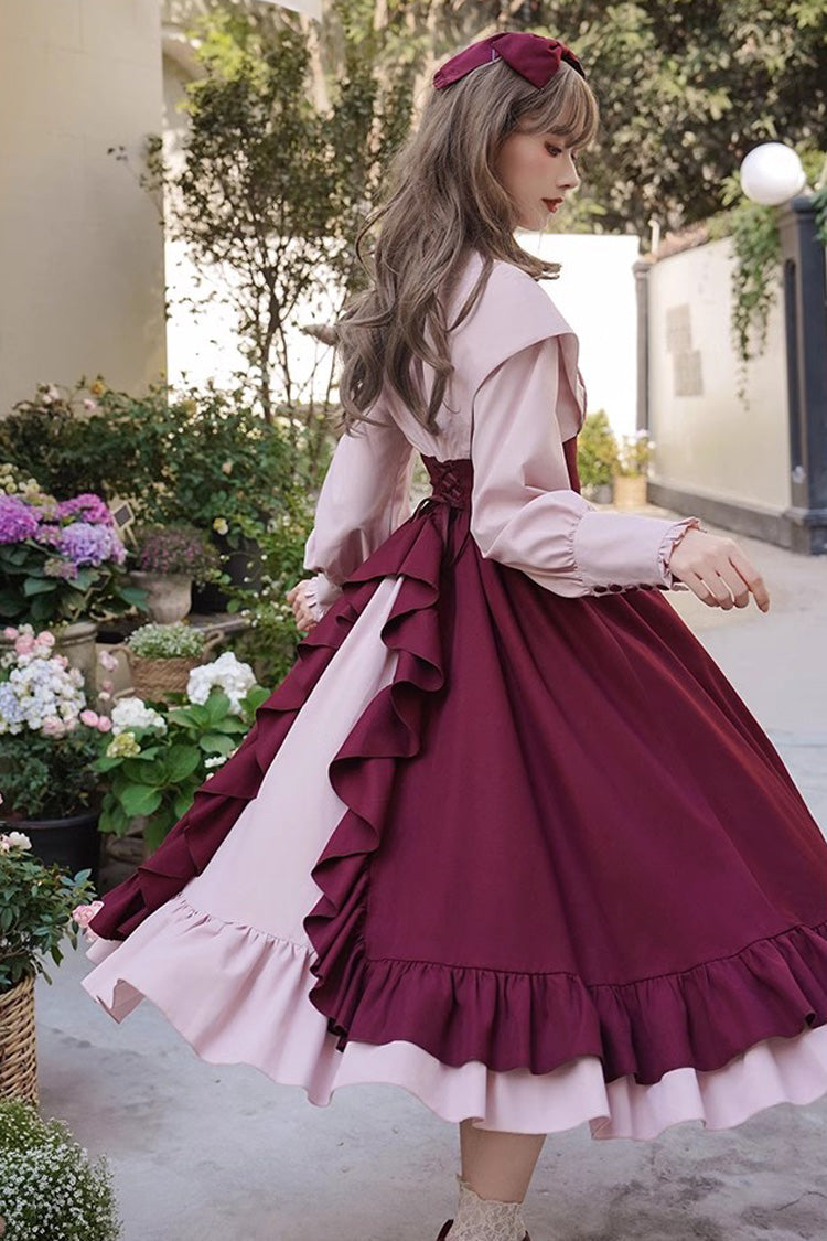 Rose Embroidery Long Sleeves Ruffle Bowknot Fake Two Pieces Elegant Lolita Dress 2 Colors - Product - 18