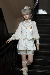 White [Candy Shop] V Collar Sleeveless Bow Lace Sweet Ouji Lolita Shorts Vest Set - Product - 3