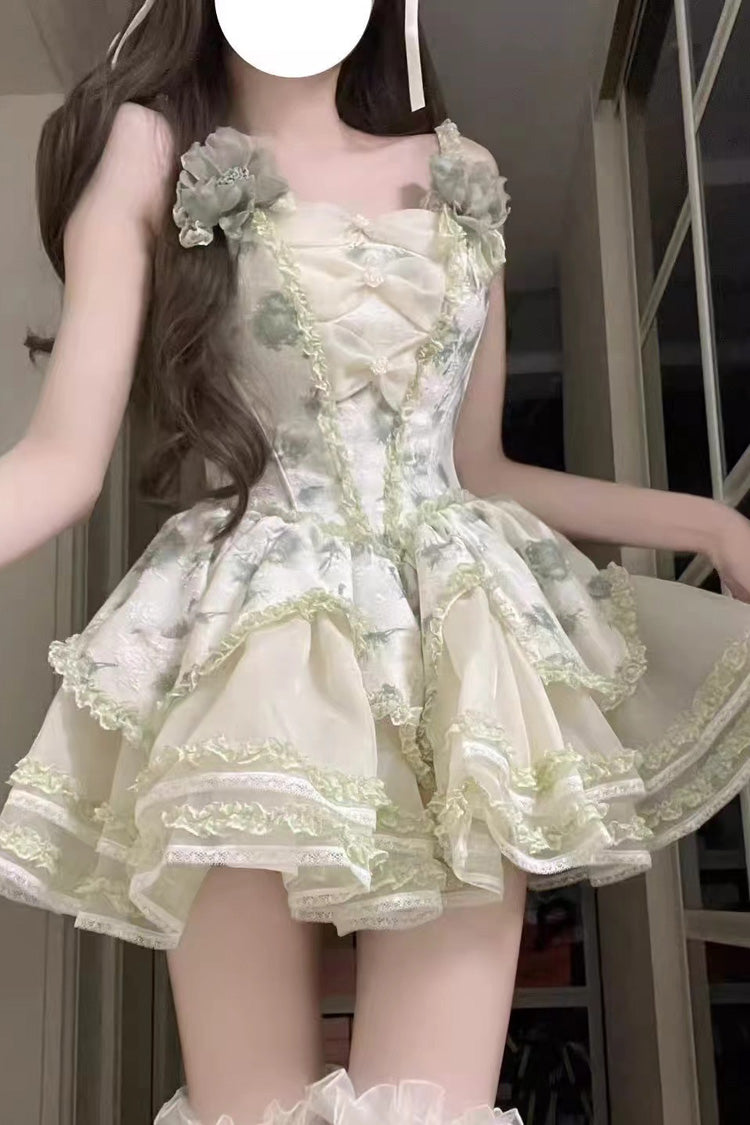 Jasmine Rain Print Stitching Lace Sweet Lolita Jsk Dress 6 Colors - Green - 1