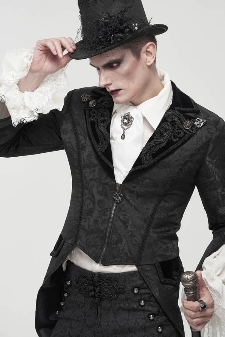 Black Gothic Embroidered Print Pattern Metal Pattern Buckle Decoration Trumpet Sleeve Men's Swallowtail Coat - Product - 3