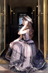 Grey/Pink [Mist-shrouded Vineyard] Sleeveless Ruffle Bowknot Lace-Up Sweet Lolita Jsk Skirt Dress Set - Product - 5