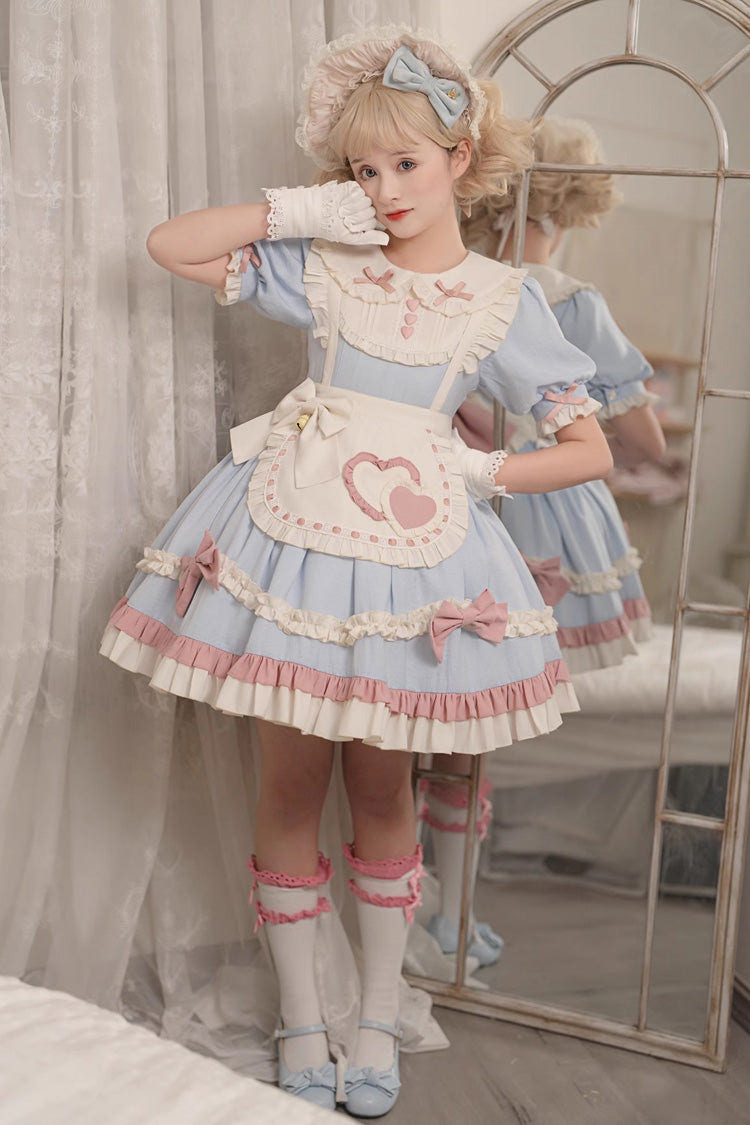 Blue Short Puff Sleeves Ruffle Bowknot Maid Sweet Princess Lolita Dress - Product - 3