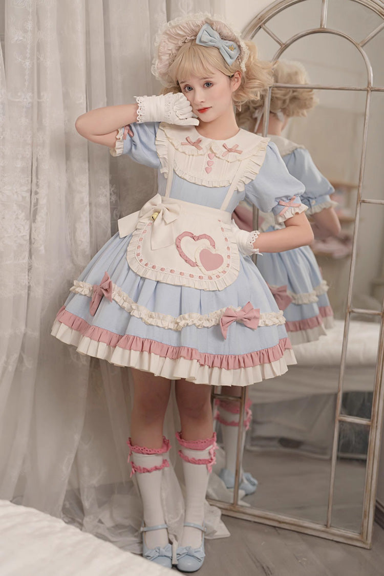 Blue Short Puff Sleeves Ruffle Bowknot Maid Sweet Princess Lolita Dress - Product - 3