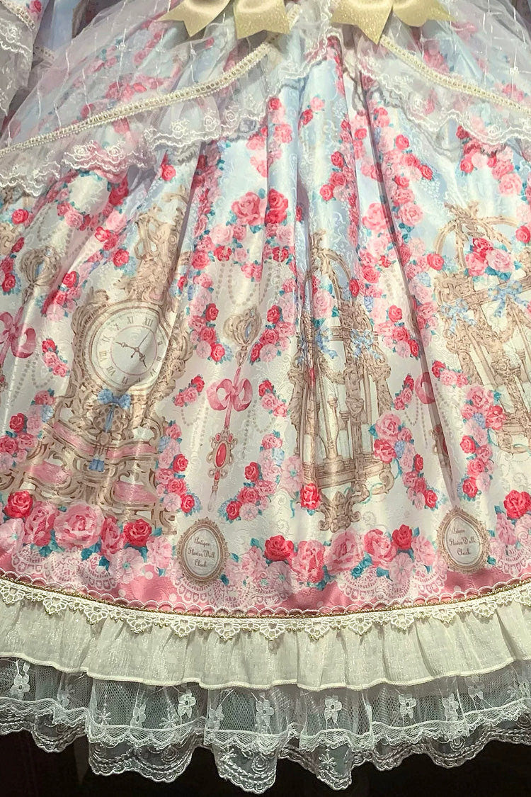 Blue/Pink [Rose Garden Prelude] Square Collar Long Trumpet Sleeves Printed Ruffled Bow Lace Lace-Up Sweet Lolita Dress - Product - 12