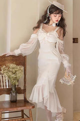 White [Camellia 1.0] Sleeveless Jacquard Ruffle Lace Sweet Chinese Style Lolita Jsk Fishtail Dress - White - 1