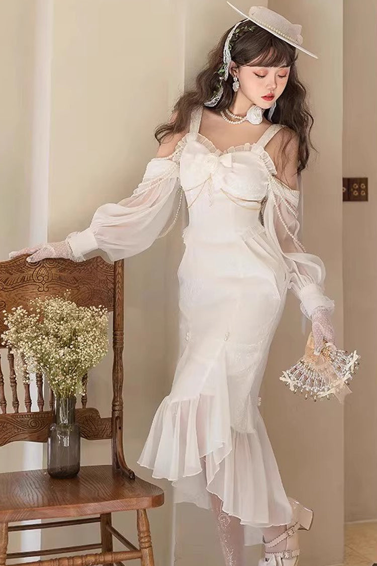 White [Camellia 1.0] Sleeveless Jacquard Ruffle Lace Sweet Chinese Style Lolita Jsk Fishtail Dress - White - 1