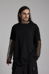 Black Round Collar Long Sleeves Mesh Ripped Men's Punk T-Shirt - Product - 3