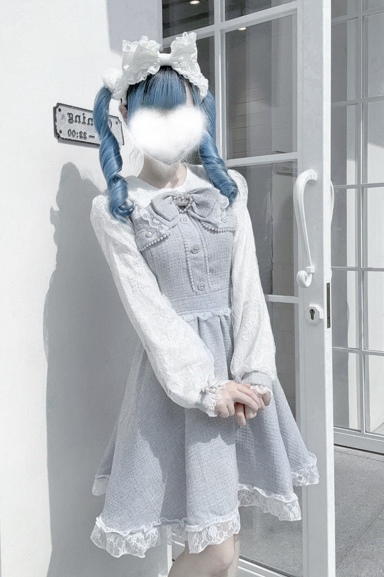Grey Long Sleeves Bowknot Lace Pearl Sweet Jirai Kei Dress - Product - 4