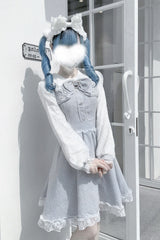 Grey Long Sleeves Bowknot Lace Pearl Sweet Jirai Kei Dress - Product - 4