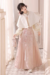 Pink [Cherry Blossoms Falling] Stand Collar Long Sleeves High Waisted Jacquard Printed Women's Sweet Hanfu Dress Set - Product - 4