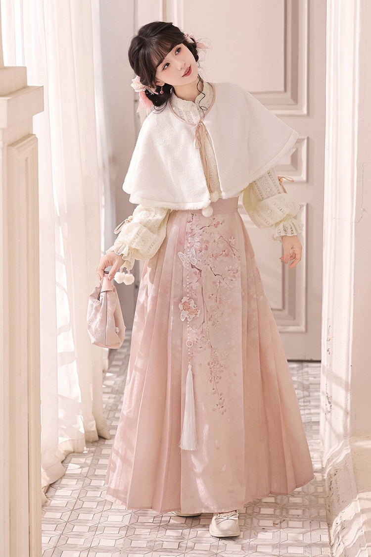 Pink [Cherry Blossoms Falling] Stand Collar Long Sleeves High Waisted Jacquard Printed Women's Sweet Hanfu Dress Set - Product - 4