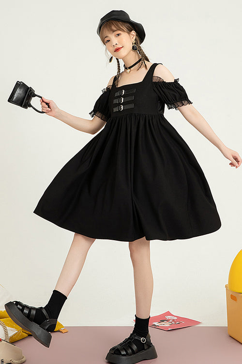 Black Puff Short Sleeve High Waisted Two Ways To Wear Before And After Sweet Lolita Dress - Product - 3