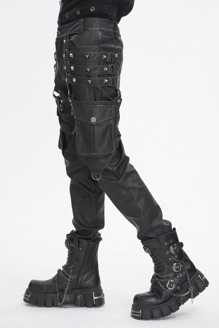 Black Big Pocket Faux Leather Men's Gothic Pants - Product - 3