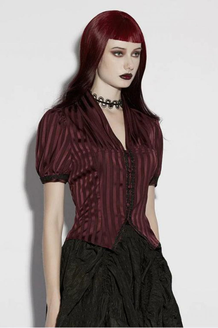 Red V Collar Short Puff Sleeves Lace Lace-Up Striped Women's Gothic Blouse - Product - 3