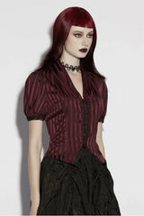 Red V Collar Short Puff Sleeves Lace Lace-Up Striped Women's Gothic Blouse - Product - 3