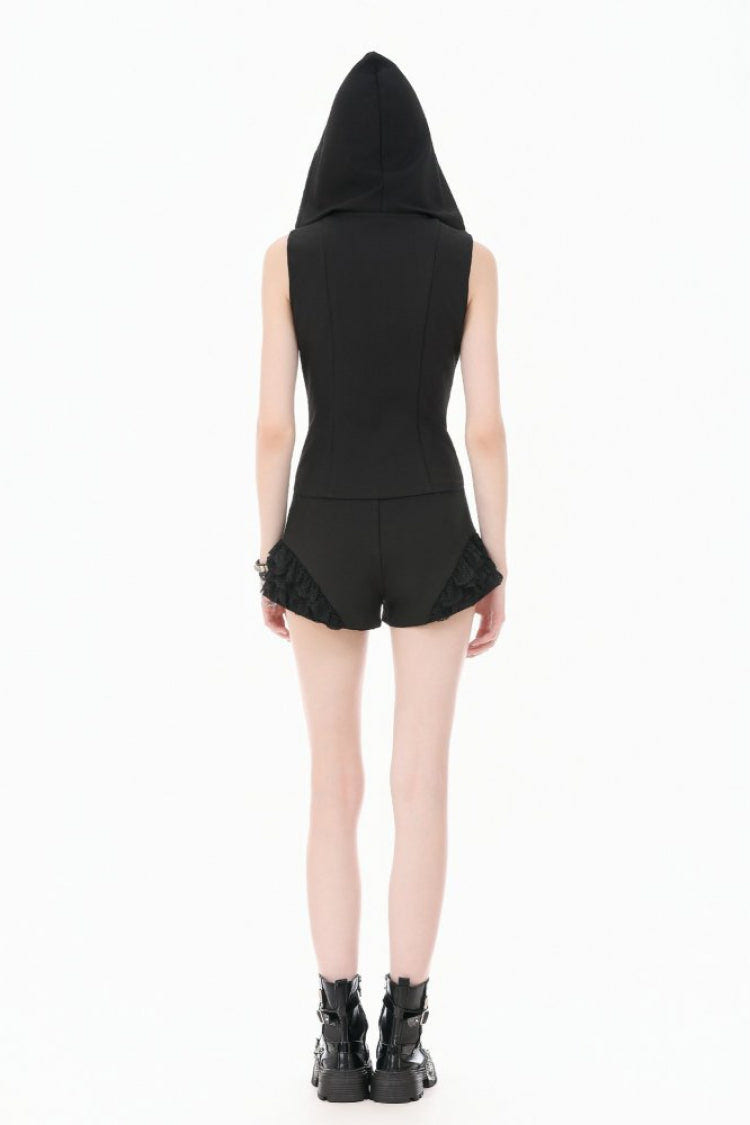 Black Sleeveless Studded Zippered Women's Punk Hooded Vest - Product - 4